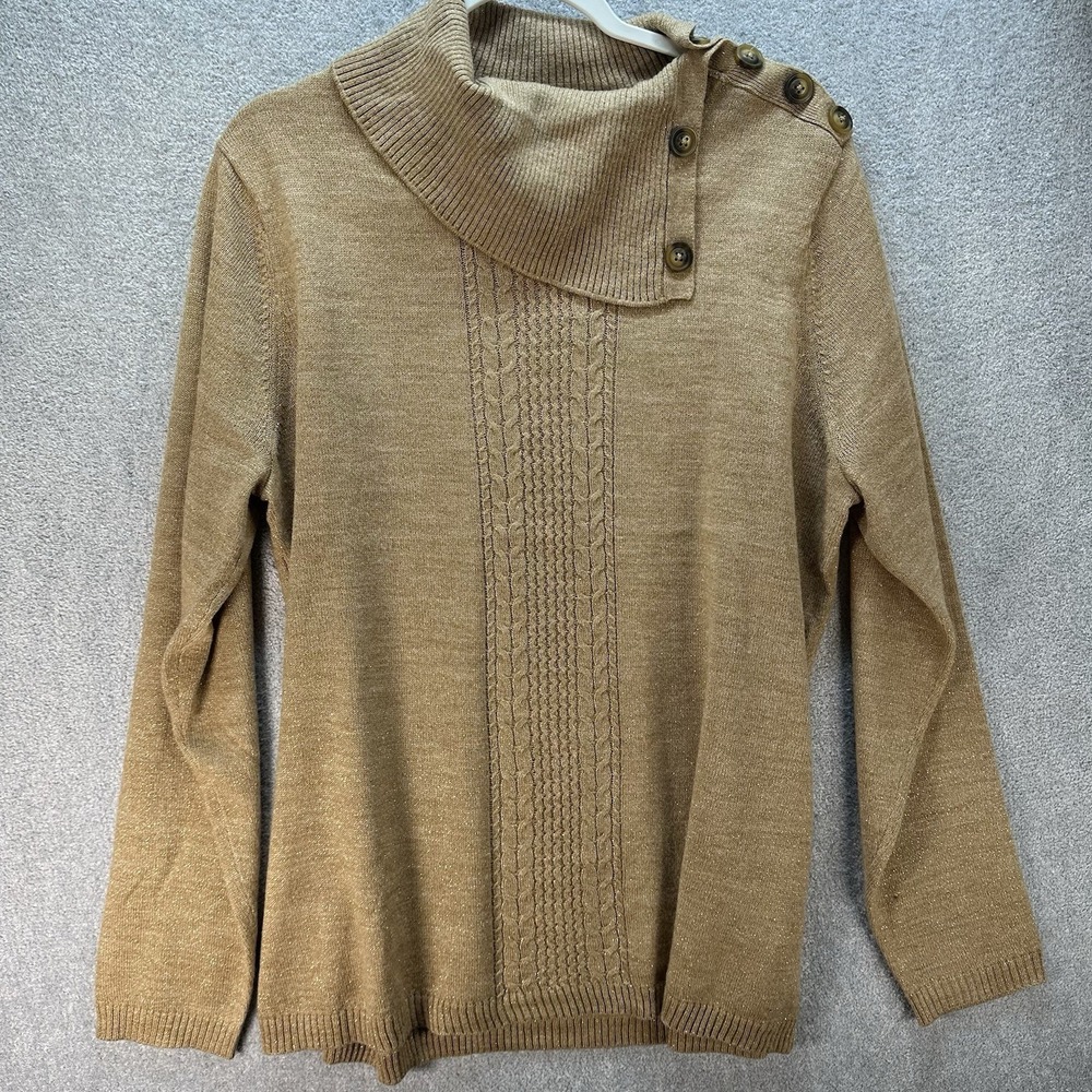 Briggsโ Sweater Women XL Mock Neck w Button Knit Glitter Tan